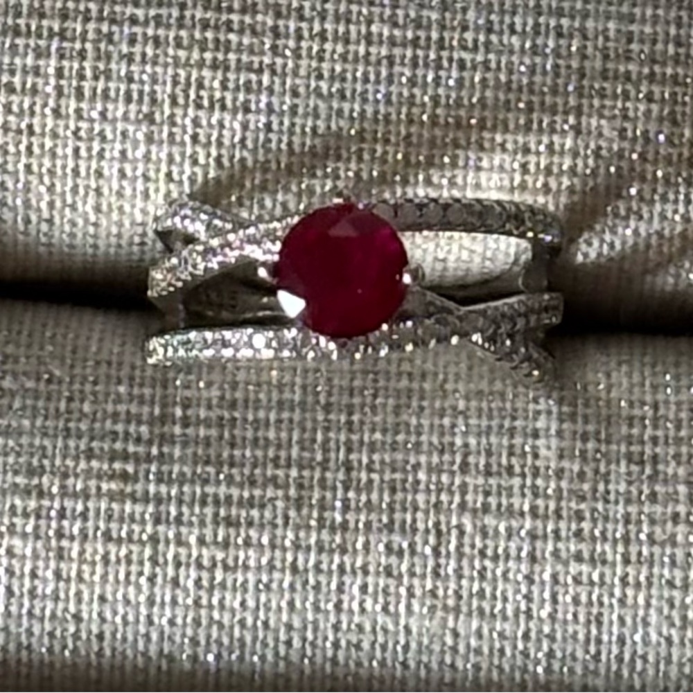 Ruby Red Moissanite Sterling Silver Crossover Ring - image 4